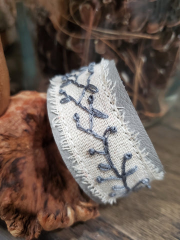 Hand-Embroidered Linen Leather Bracelet - Fields of Grey
