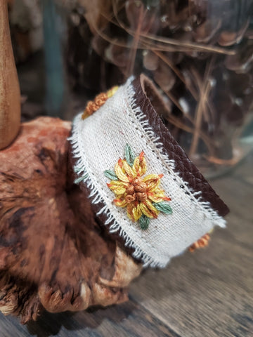Hand-Embroidered Linen Leather Bracelet - Sunflower