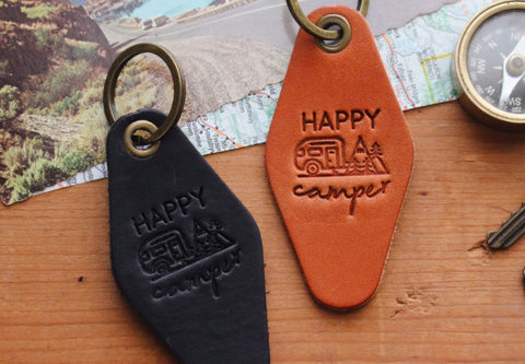 Happy Camper Leather Keychain