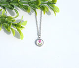 Pressed Flower Tiny Circle Necklace, Heather on White, Silver