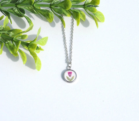 Pressed Flower Tiny Circle Necklace, Heather on White, Silver