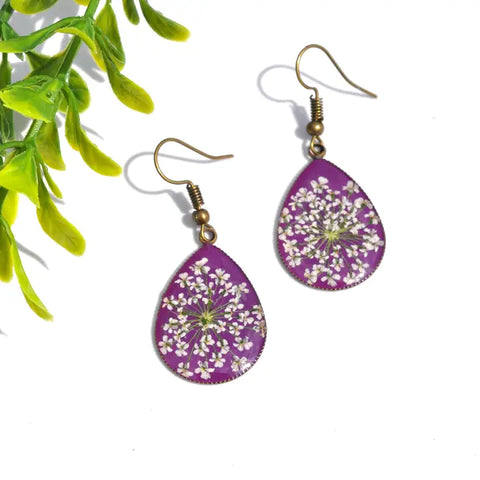 Pressed Flower Teardrop Earrings - Queen Anne's Lace on Purple, Antique Bronze