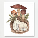 Mice in Mushroom Burrow Fantasy Forest Illustration Wall Art