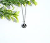 Pressed Flower Tiny Circle Necklace - Queen Anne's Lace on Black, Silver