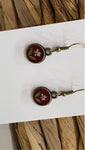 Pressed Flower Tiny Circle Earrings - Queen Anne's Lace on Red, Antique Bronze