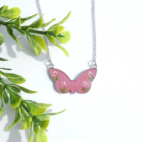 Pressed Flower Butterfly Necklace, Queen Anne's Lace on Pink, Silver