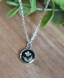 Pressed Flower Tiny Circle Necklace - Queen Anne's Lace on Black, Silver