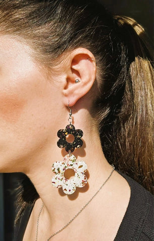 Pressed Flower Earrings - Wildflowers, Multicolor on White and Black Tiered