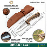 Young Explorers Knife - Carbon Steel Blued-Blade Bushcraft Knife for Kids with Leather Sheath
