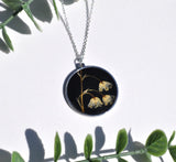 Pressed Flower Circle Necklace, Lily of the Vally on Black, Silver
