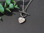 Pressed Flower Heart Toggle Necklace, Queen Anne's Lace on White, Silver
