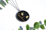 Pressed Flower Circle Necklace, Lily of the Vally on Black, Silver