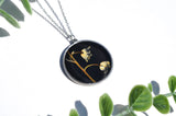 Pressed Flower Circle Necklace, Lily of the Vally on Black, Silver