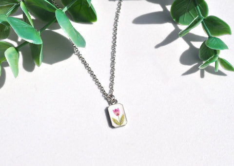 Pressed Flower Tiny Rectangle Necklace, Heather on White, Silver