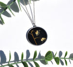 Pressed Flower Circle Necklace, Lily of the Vally on Black, Silver