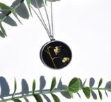 Pressed Flower Circle Necklace, Lily of the Vally on Black, Silver