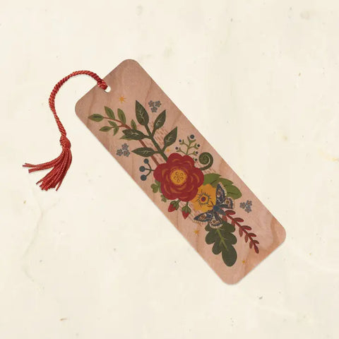 Folk Flowers Wood Bookmark with Tassel