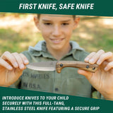 Young Explorers Knife - Carbon Steel Blued-Blade Bushcraft Knife for Kids with Leather Sheath