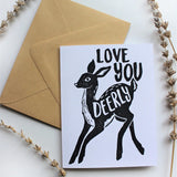 Handmade Block Print Love You Deer Card