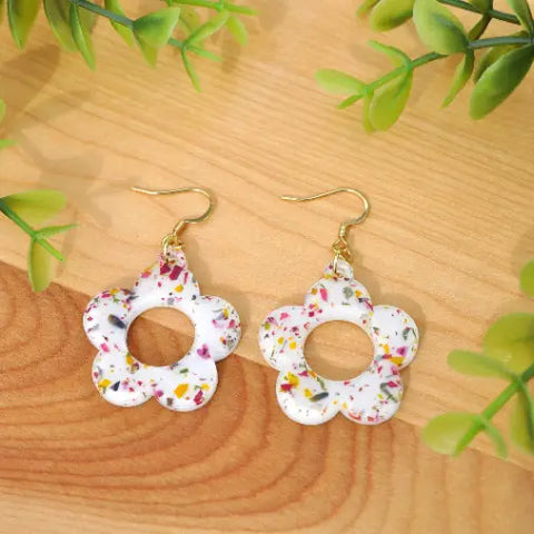 Pressed Flower Earrings, Wildflowers on White, Silver