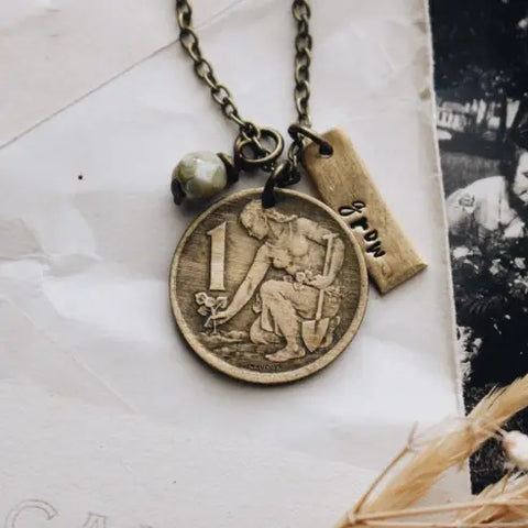 Vintage Planter Gardener "Grow" Coin Necklace