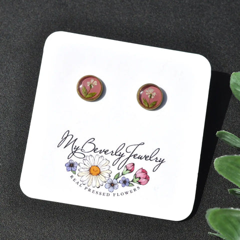 Pressed Flower Stud Earrings - Queen Anne's Lace on Pink, Silver