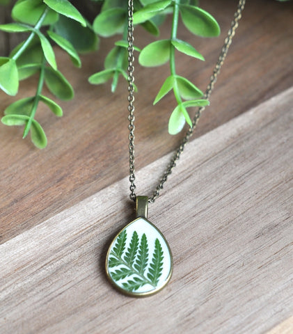 Pressed Flower Teardrop Necklace, Fern on White, Antique Bronze