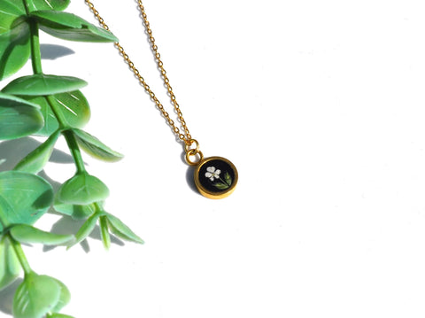 Pressed Flower Tiny Circle Necklace, Queen Anne's Lace on Black, Gold