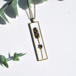 Pressed Flower Bar Necklace, Lavender on White, Antique Bronze