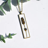 Pressed Flower Bar Necklace, Lavender on White, Antique Bronze