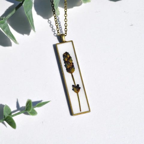 Pressed Flower Bar Necklace, Lavender on White, Antique Bronze