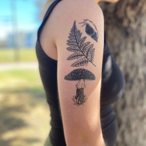 Amanita Mushroom, Fern, Snail Temporary Tattoo