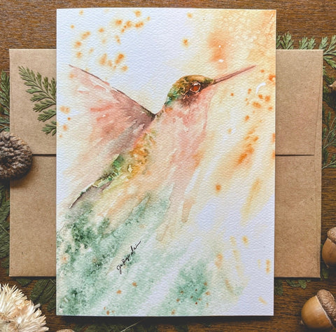 Female Ruby-Throated Hummingbird Watercolor A7 Greeting Card