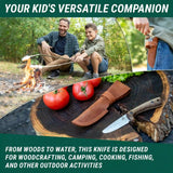 Young Explorers Knife - Carbon Steel Blued-Blade Bushcraft Knife for Kids with Leather Sheath