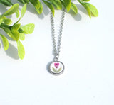 Pressed Flower Tiny Circle Necklace, Heather on White, Silver