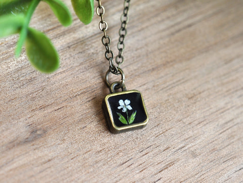Pressed Flower Tiny Square Necklace On Black, Antique Bronze