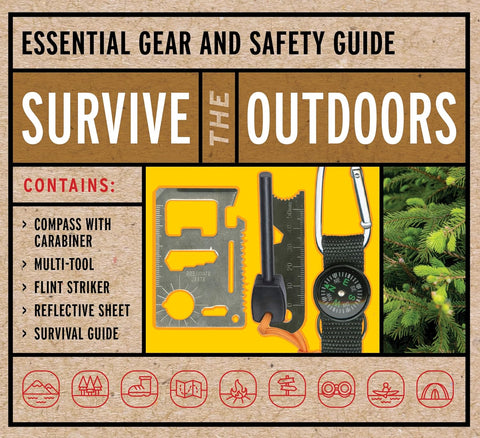 Survive the Outdoors Kit: Essential Gear and Safety Guide: Compass with Carabiner, Multi-Tool, Flint Striker, Reflective Sheet, Survival Guide