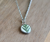 Pressed Flower Tiny Circle Necklace - Fern Leaf on White, Silver