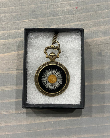 Pressed Flower Pocket Watch Necklace, Fleabane on Black, Antique Bronze