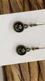 Pressed Flower Tiny Circle Earrings - Queen Anne's Lace on Black, Antique Bronze