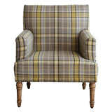 Fabric Upholstered Chair with Plaid Pattern, Mango Wood Legs & Nail Heads