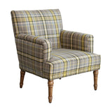 Fabric Upholstered Chair with Plaid Pattern, Mango Wood Legs & Nail Heads