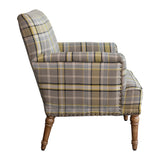 Fabric Upholstered Chair with Plaid Pattern, Mango Wood Legs & Nail Heads