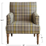 Fabric Upholstered Chair with Plaid Pattern, Mango Wood Legs & Nail Heads