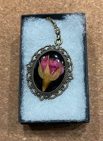 Pressed Rose Heirloom Necklace on Black, Antique Bronze