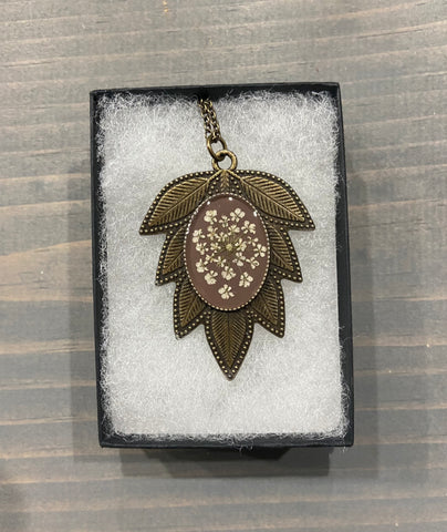 Pressed Queen Anne's Lace Leaf Necklace on Taupe, Antique Bronze