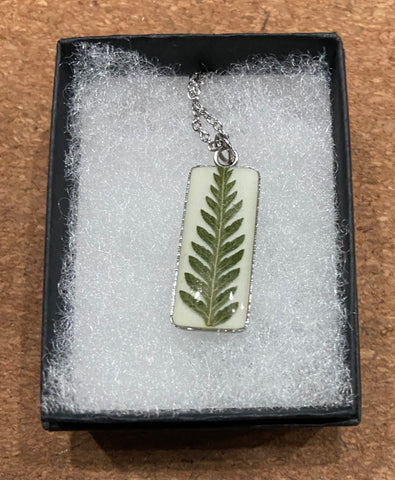 Pressed Flower Bar Necklace, Fern on White, Silver