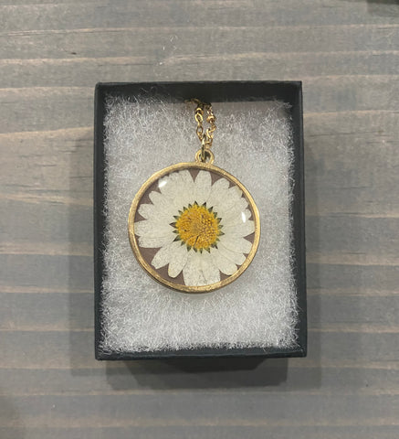 Pressed Flower Circle Necklace Daisy On Beige, Gold