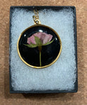 Pressed Flower Circle Necklace, Rose on Black, Gold