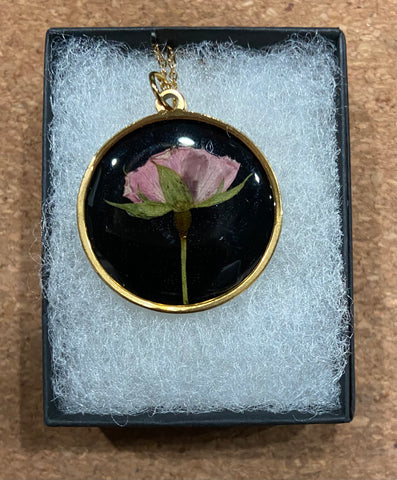 Pressed Flower Circle Necklace, Rose on Black, Gold